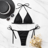 Solid Lace-Up Chain Thong Low Back Sexy Two Pieces Bikini Swimsuit