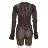 Women's Fashion Long-Sleeved Single-Breasted T-Shirt Striped Shorts Two Piece Set For Women