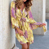 Women's Fashion Chic Print Long Sleeve V Neck Tie Dress