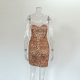Women's Sheer Sequin Strapless Chic Slim Bodycon Dress