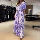 Summer Ladies Fashion V Neck Loose Maxi Print Dress