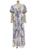 Summer Ladies Fashion V Neck Loose Maxi Print Dress