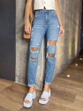 Women's Summer Casual Wash Ripped Straight Street Style Denim Pants