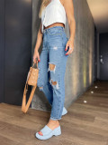 Women's Summer Casual Wash Ripped Straight Street Style Denim Pants