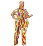 Plus Size Women's Spring Short Sleeve Top and Pants Set