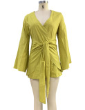 Ladies Fashion Chic Bell Bottom Sleeve V Neck Linen Dress