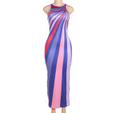 Summer Women Striped Print Sleeveless Backless Dress