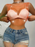 Women Summer Sexy Cutout Halter NeckSolid Square Neck Fishnet Shirt