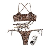 Women Sexy Leopard Print Chain Tie One Piece Swimwear