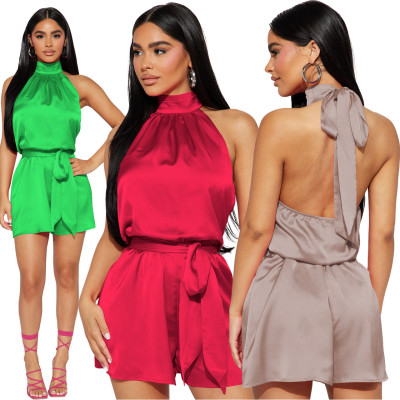 Women Sexy Satin Halter Neck Romper