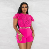 Women Round Neck Solid Lace Short Sleeve Romper