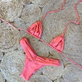 Women Sexy Ruched Solid Bikini Two-Piece Set