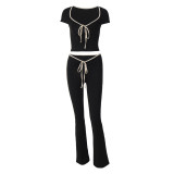 Women Summer Square Neck Lace-Up Crop Top And Pants Two-Piece Set