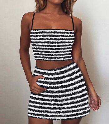 Summer Women Striped Suspenders Top and Mini Skirt Two-Piece Set