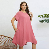 Plus Size Women Summer Solid Round Neck Irregular Maxi Dress