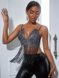 Ladies Mesh Rhinestone Deep V Sexy Tassel Backless Top