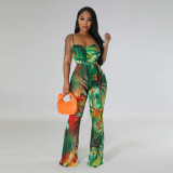 Women Camisole Print Sexy Backless Bodysuit and Bell Bottom Pants Two-Piece Set