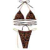 Women Sexy Lace Up Leopard Print Two Pieces Bikini Swimwear