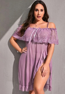 Women lace mesh off shoulder slip nightdress Sexy Lingerie