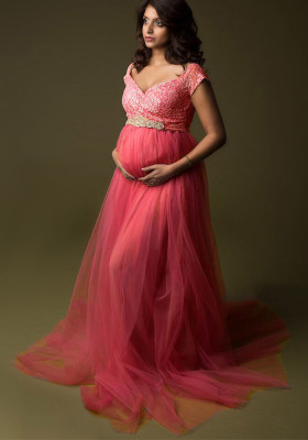 Women Short Sleeve Lace Patchwork Mesh Maternity Trailing Dress