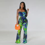 Women Camisole Print Sexy Backless Bodysuit and Bell Bottom Pants Two-Piece Set