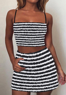 Summer Women Striped Suspenders Top and Mini Skirt Two-Piece Set