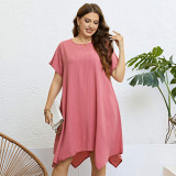 Plus Size Women Summer Solid Round Neck Irregular Maxi Dress