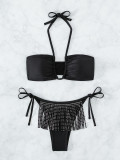 Tassel Beaded Sexy Strapless V Neck Halter Neck Bikini Swimwear Two Piece Women's Beach Swimsuit