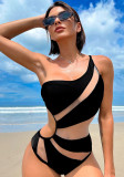 Women One Shoulder Black Bathing Suit Solid Color Hollow Mesh Sexy One-Piece Swimsuit