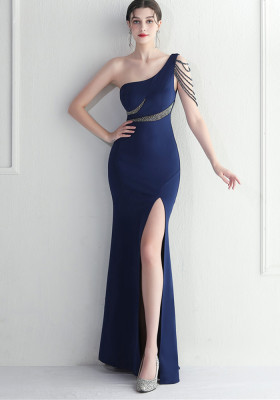 Beaded Bridesmaid Party Gown Sexy One Shoulder Long Evening Dress