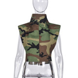 Spring Summer Denim Stand Collar Sleeveless Cargo Short Trendy Vest
