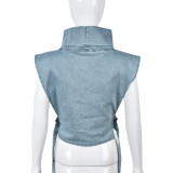 Spring Summer Denim Stand Collar Sleeveless Cargo Short Trendy Vest