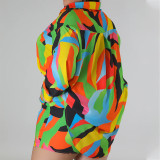 Spring Print Turndown Collar Plus Size Shirt Shorts Casual Ladies Two Piece Set