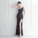 Beaded One-Shoulder Strap Slit Nightclub Evening Dress Formal Party Gown
