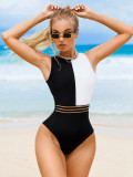 Summer Color Contrast Sleeveless Slim One-Piece Swimsuit Women's High Waist Bathing Suit