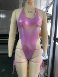 Feminine One-Piece Bright Leather Halter Neck Lace-Up Low Back Thong Swimsuit Sexy Beach Bathing Suit