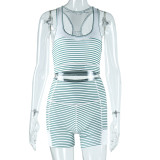 Fashion Striped Print Wrap Chest Vest Shorts Two-Piece Fitness Yoga Set
