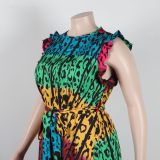 Sexy Plus Size Print Belted Ruffled Sleeveless Maxi Dress