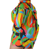 Spring Print Turndown Collar Plus Size Shirt Shorts Casual Ladies Two Piece Set