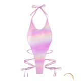 Feminine One-Piece Bright Leather Halter Neck Lace-Up Low Back Thong Swimsuit Sexy Beach Bathing Suit
