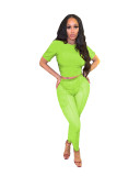 Women's Summer Sexy Solid Color Short-Sleeved Top See-Through Mesh Pants Two-Piece Set