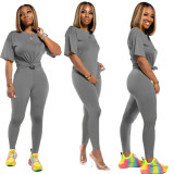 Ladies' Fashion Solid Color Casual Short Sleeve Two-Piece Pants Set