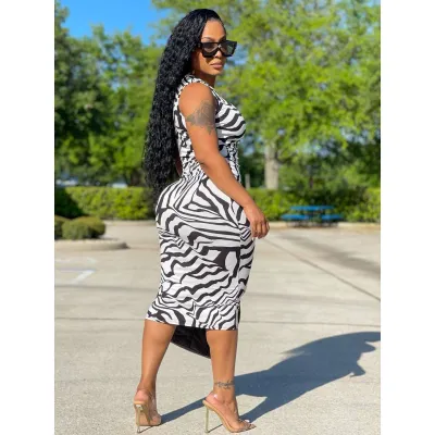 Trendy Zebra Print Sleeveless Midi Slim Bodycon Dress