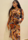 Fashion Print Round Neck Long Sleeve Crop Top Bodycon Skirt Trendy Women Set