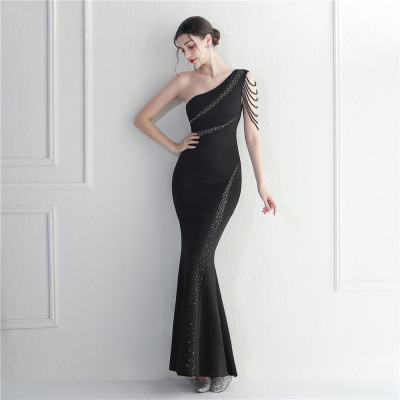 Trendy Beaded One Shoulder Slash Shoulder Sexy Long Evening Gown