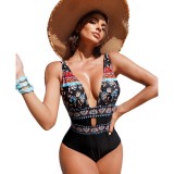Summer Ethnic Style Print Deep V-Neck One-Piece Swimsuit Sexy Female Bathing Suit