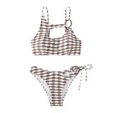 Sexy Two Piece Women's Swimwear Cutout Stripe One Side Lace-Up Beach Bikini Swimsuit