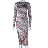 Trendy Vintage Print Round Neck Long Sleeve Bodycon Fitted Maxi Dress