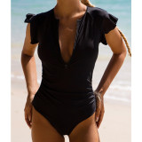 Spring Summer One Piece Swimsuit Solid Ruffle Zipper Beach Holidays Swimwear