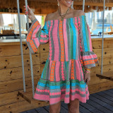 Fashion Patchwork Bell Bottom Sleeve Women's Beach Holidays Dress